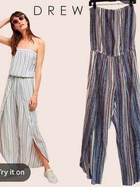 Anthropologie DREW Strapless Wide-Leg Jumpsuit in Blue Stripe